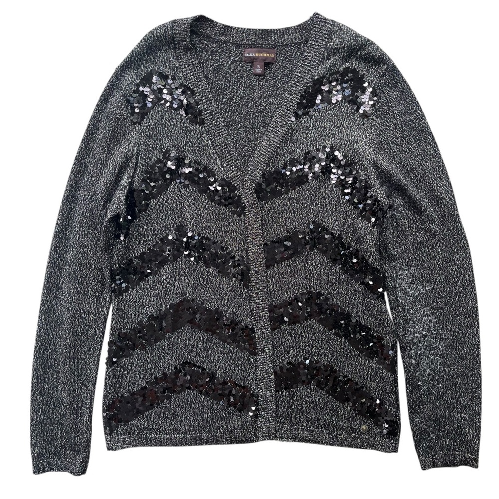 Dana Buchman Women’s XL Black Gold Silver Metallic Sequins Knit Cardigan Sweater